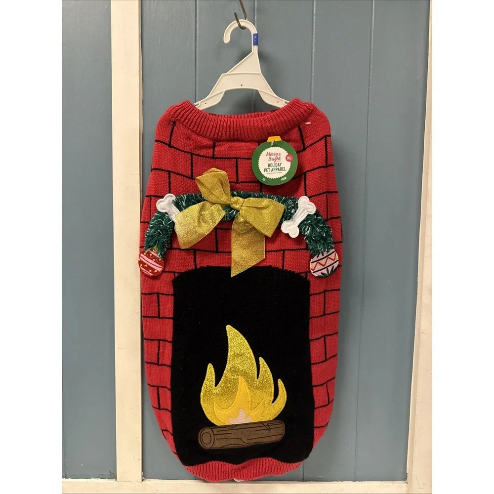 Merry Bright Holiday FIREPLACE Sweater Pet Christmas Halloween Dog Costume‎ L